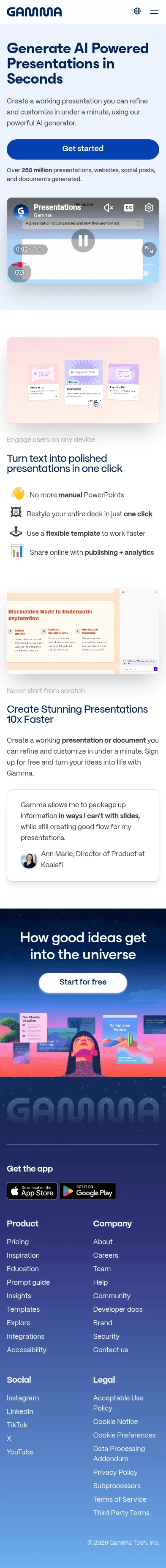 gamma.app/ai-presentations on mobile, full screenshot
