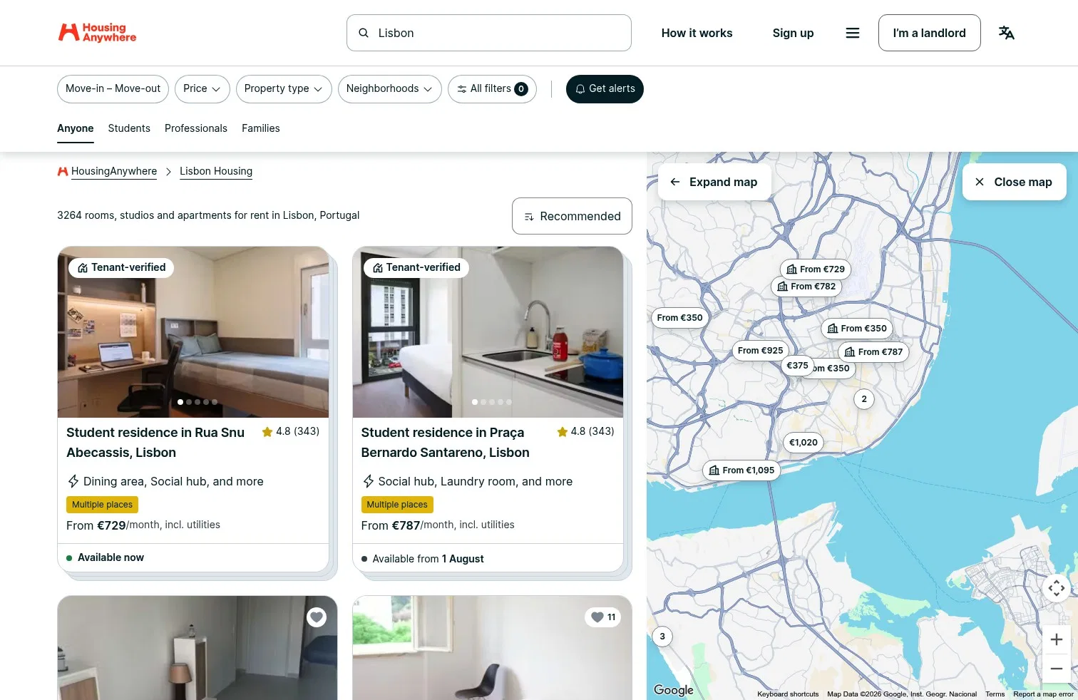 housinganywhere.com/s/Lisbon--Portugal on desktop, full screenshot
