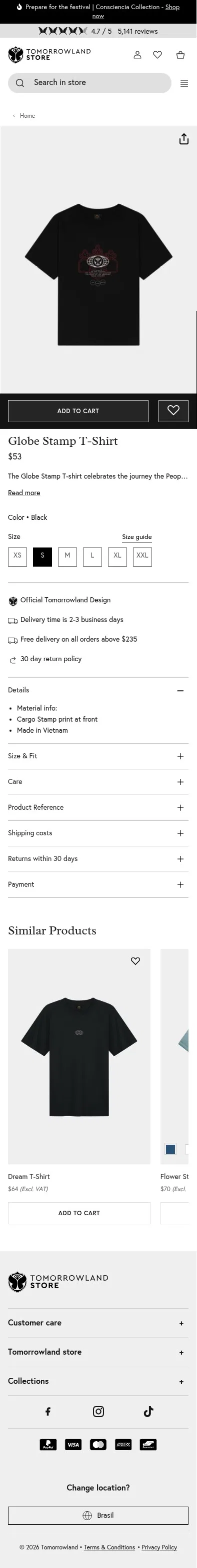 store.tomorrowland.com/products/globe-stamp-t-shirt-men-black on mobile, full screenshot