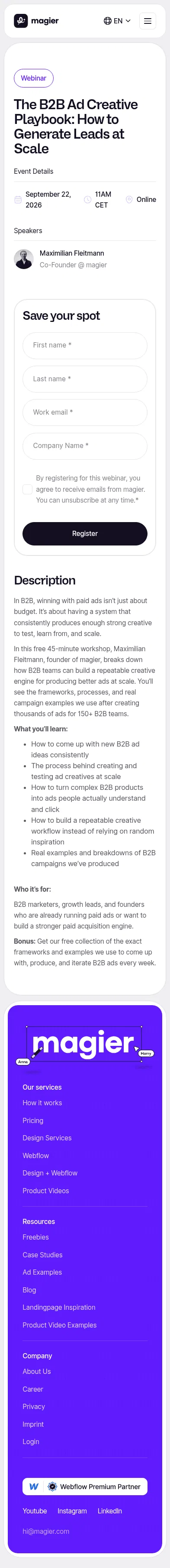 magier.com/events/the-b2b-ad-creative-playbook-how-to-generate-leads-at-scale on mobile, full screenshot