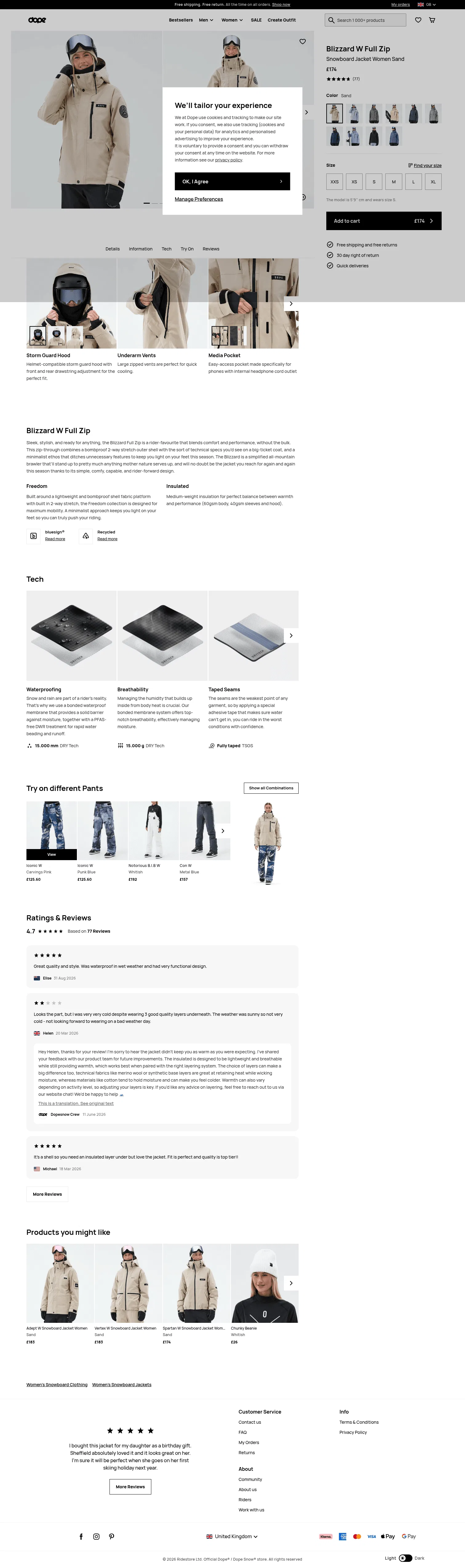dopesnow.com/uk/blizzard-w-full-zip-snowboard-jacket-women-sand-62482 on desktop, full screenshot