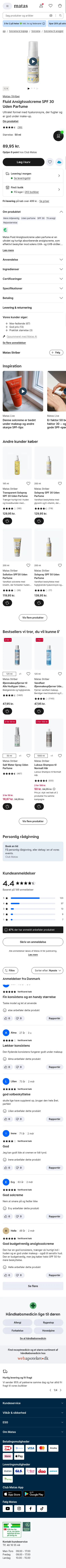 matas.dk/matas-striber-fluid-ansigtssolcreme-spf-30-50-ml on mobile, full screenshot