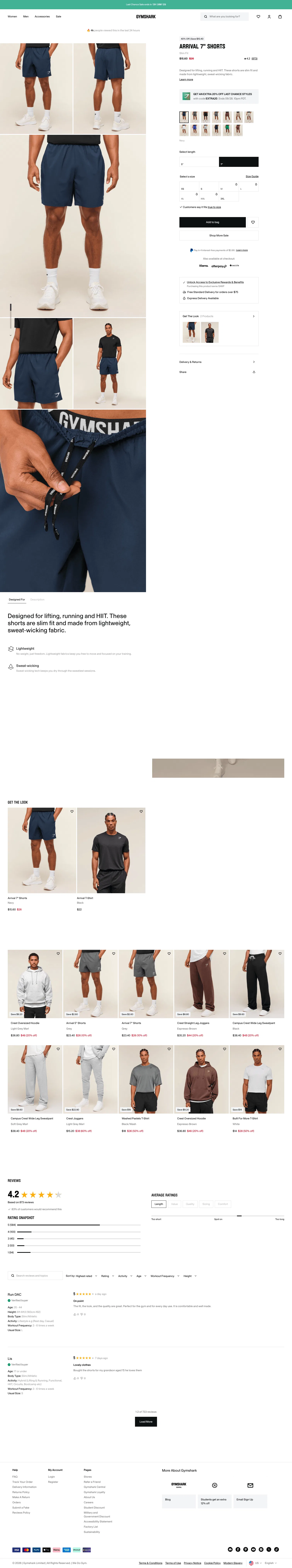 us.checkout.gymshark.com/products/gymshark-arrival-7-shorts-navy-ss22 on desktop, full screenshot