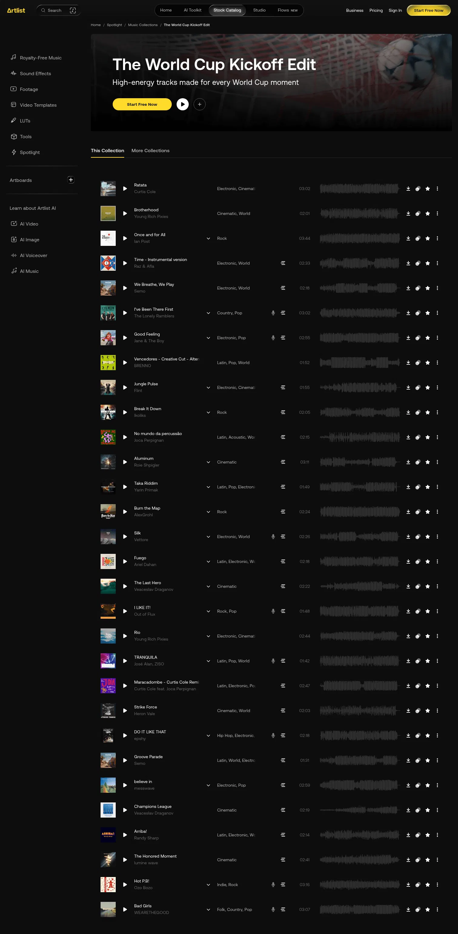 artlist.io/collection/the-world-cup-kickoff-edit/116717 on desktop, full screenshot