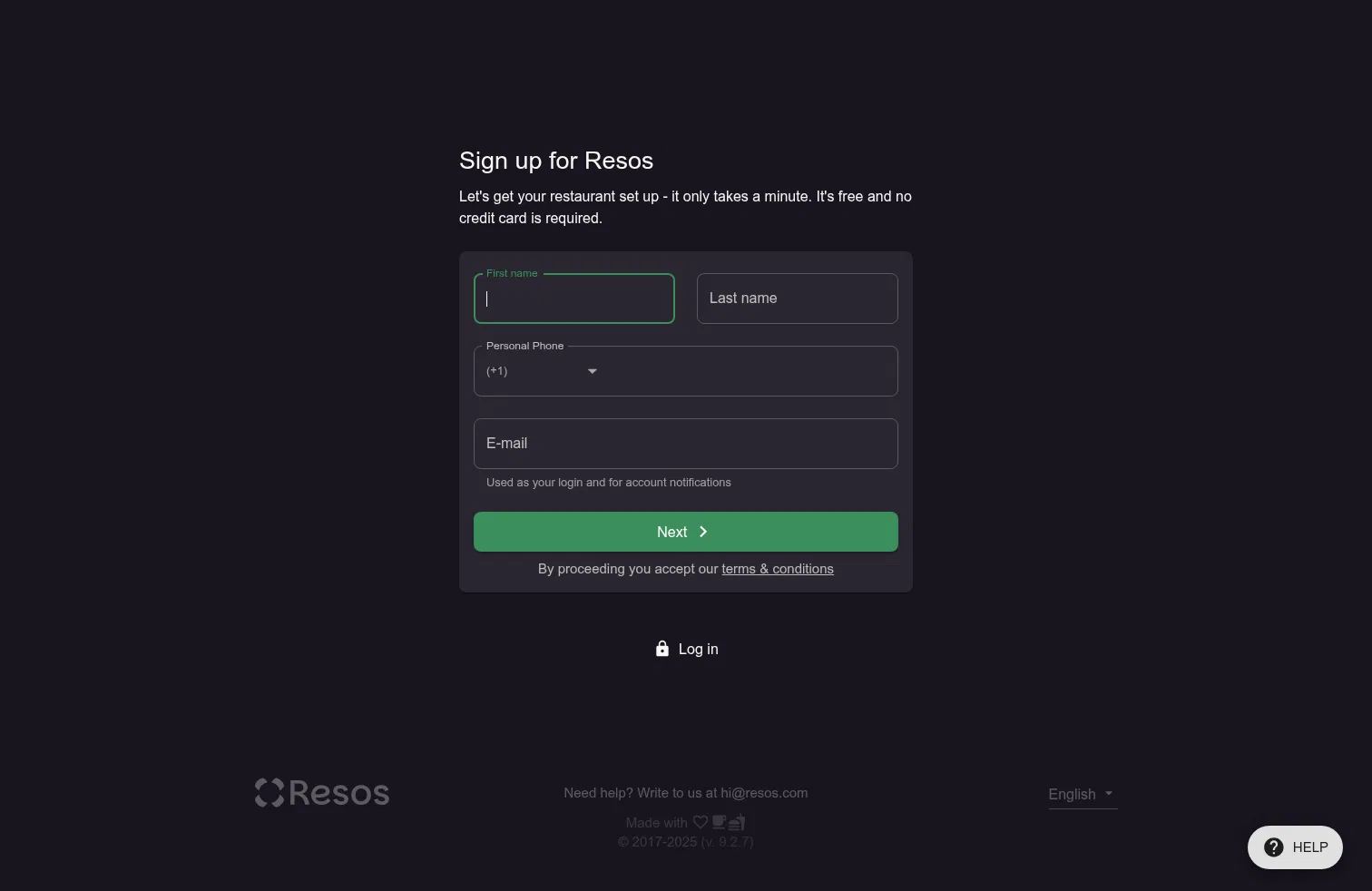 app.resos.com/register on desktop, full screenshot
