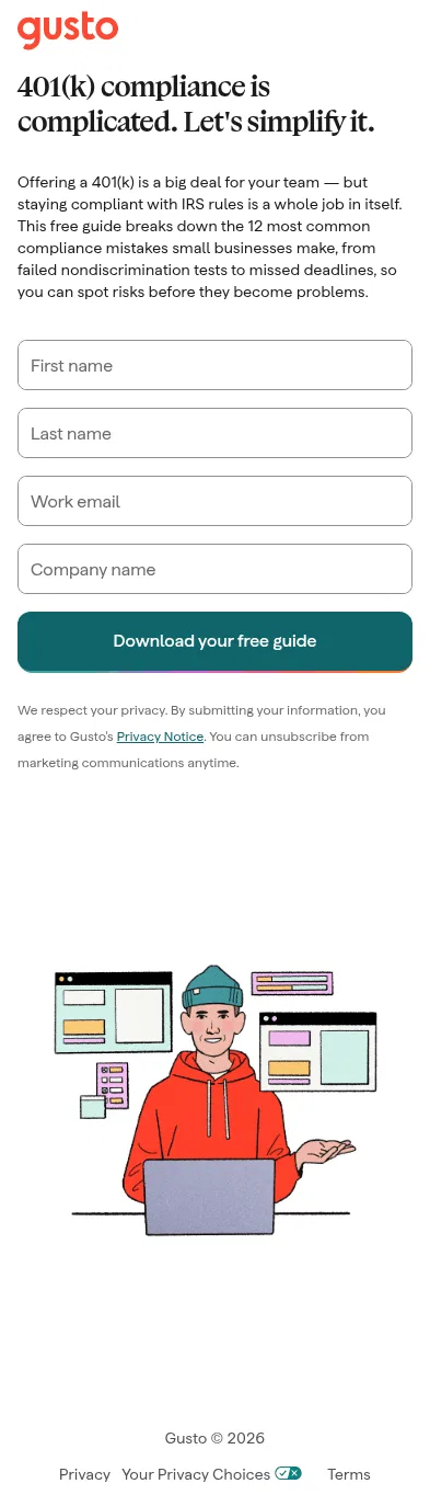 gusto.com/go/common-401k-compliance-mistakes on mobile, full screenshot