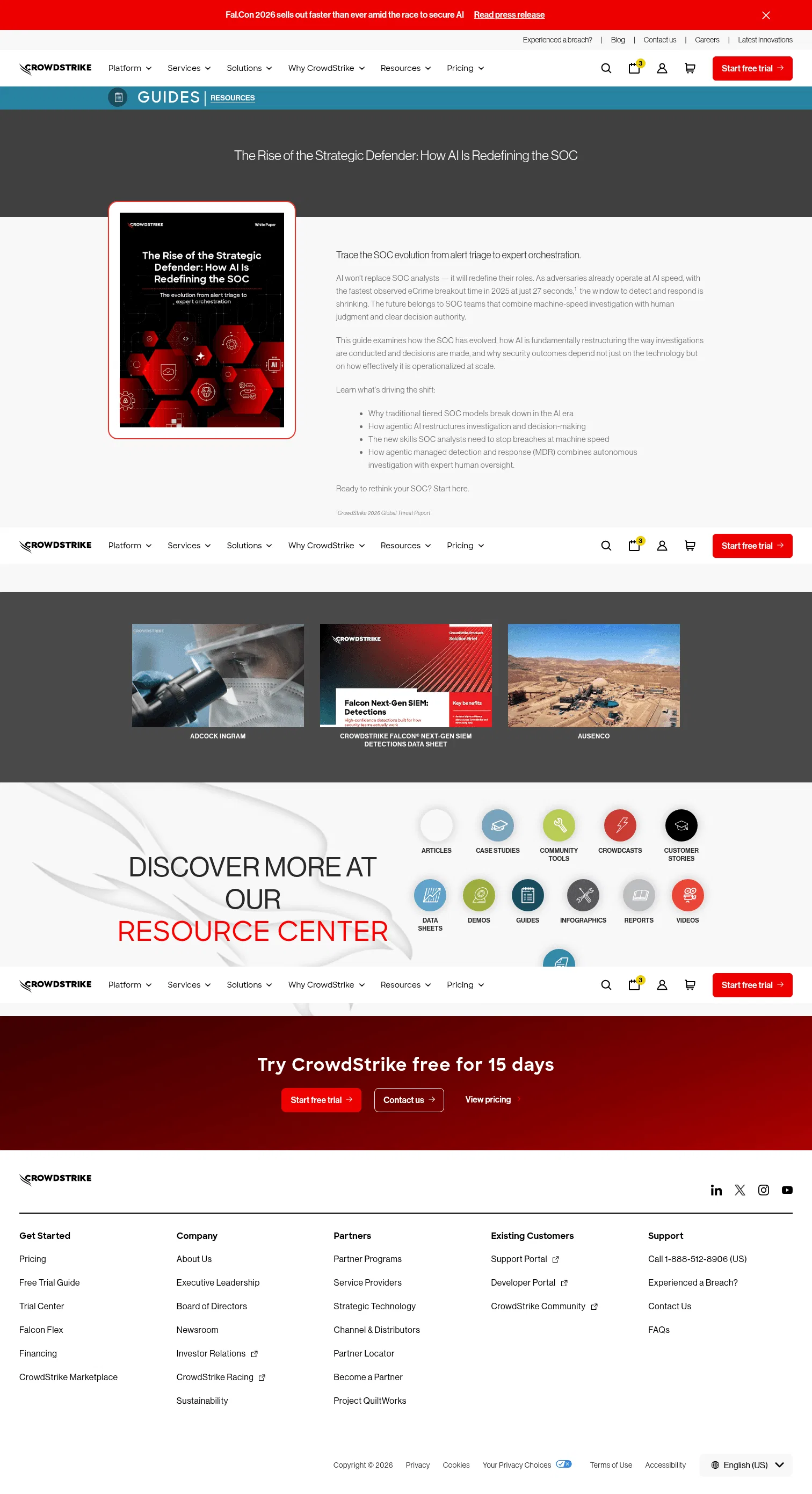 crowdstrike.com/en-us/resources/guides/rise-of-the-strategic-defender-how-ai-is-redefining-the-soc on desktop, full screenshot