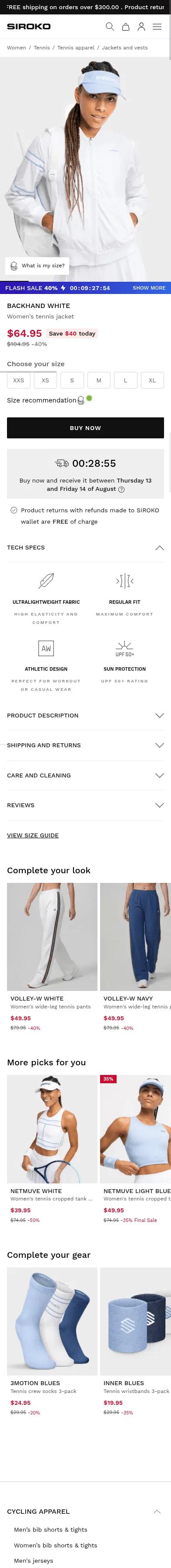 siroko.com/p/backhand-white-tennis-jacket-women on mobile, full screenshot