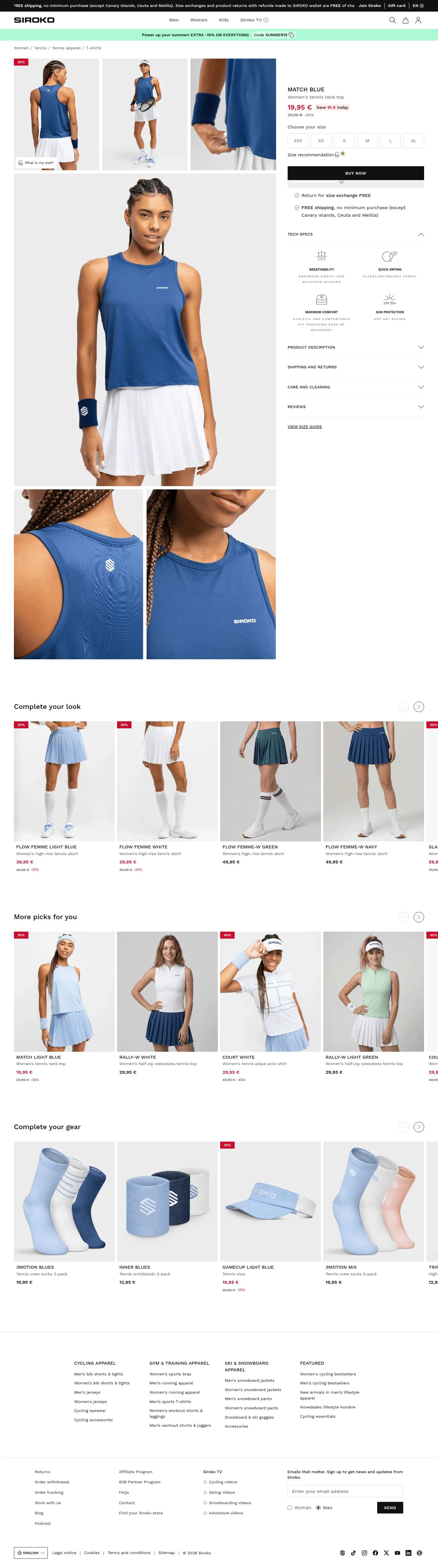 siroko.com/p/match-blue-tennis-tank-top-women on desktop, full screenshot