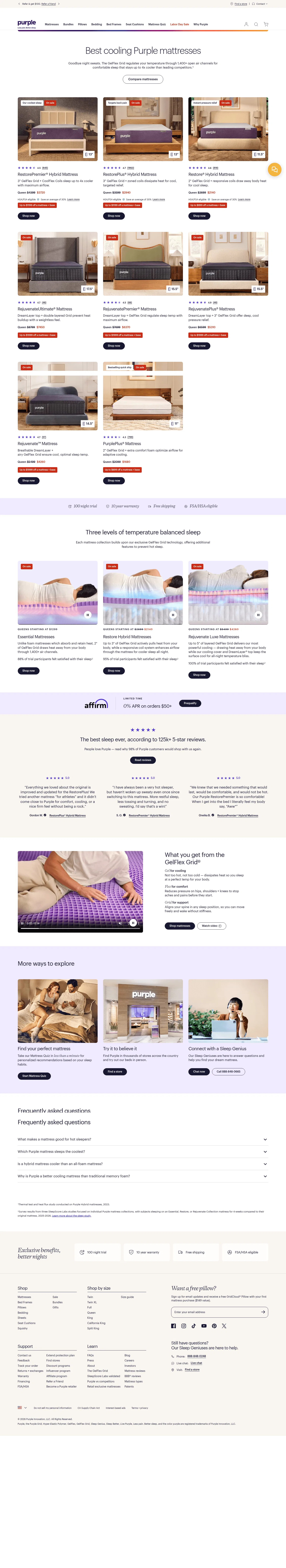 purple.com/best-cooling-mattresses on desktop, full screenshot