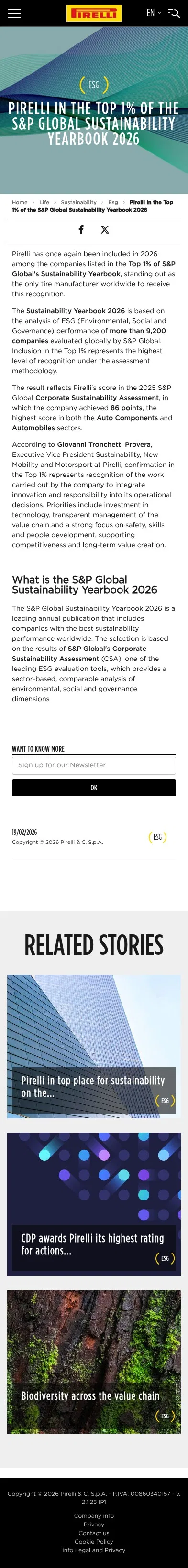 pirelli.com/global/en-ww/life/sustainability/esg/pirelli-top-1-in-sustainability-yearbook-2026-188036 on mobile, full screenshot